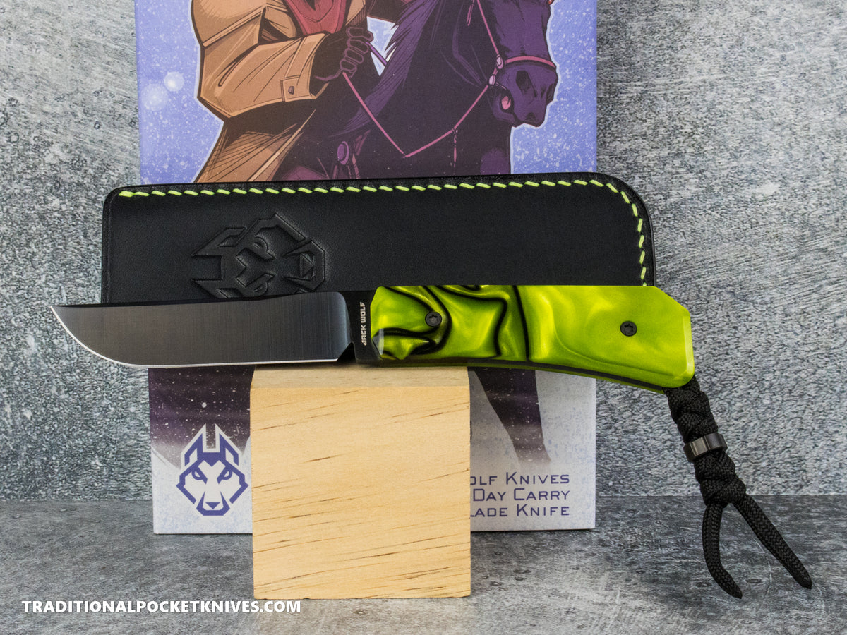 Jack Wolf Knives Pioneer FIXedc Kirinite Toxic Green Belt Satin DLC #6