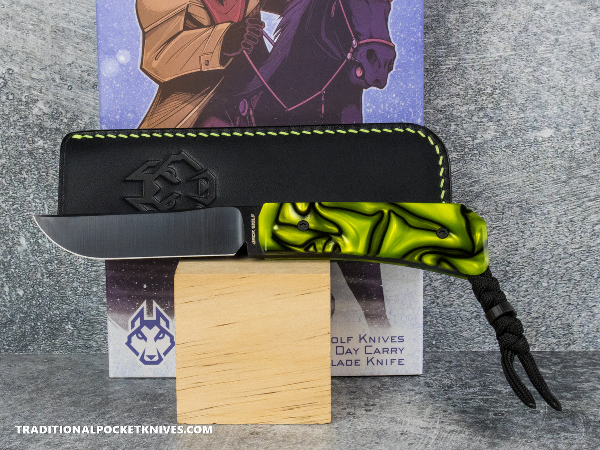 Jack Wolf Knives Pioneer FIXedc Kirinite Toxic Green Belt Satin DLC #11