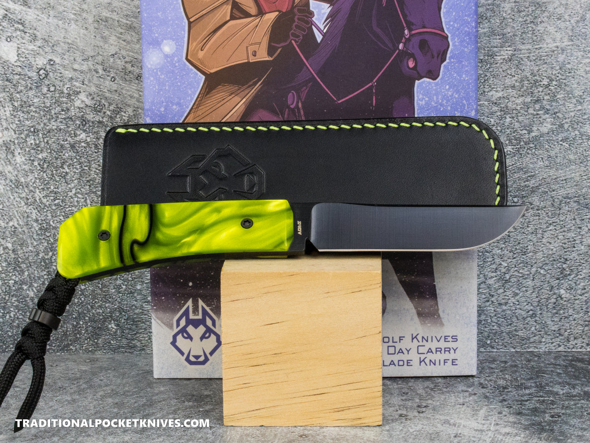 Jack Wolf Knives Pioneer FIXedc Kirinite Toxic Green Belt Satin DLC #11