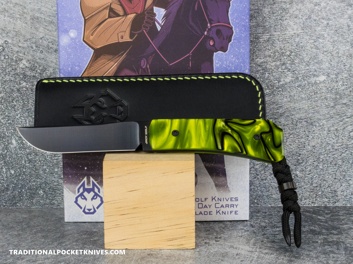 Jack Wolf Knives Pioneer FIXedc Kirinite Toxic Green Belt Satin DLC #12