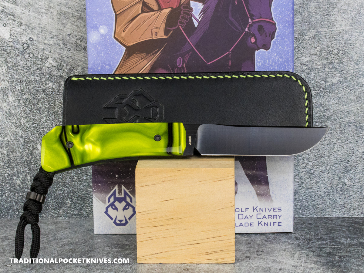 Jack Wolf Knives Pioneer FIXedc Kirinite Toxic Green Belt Satin DLC #12