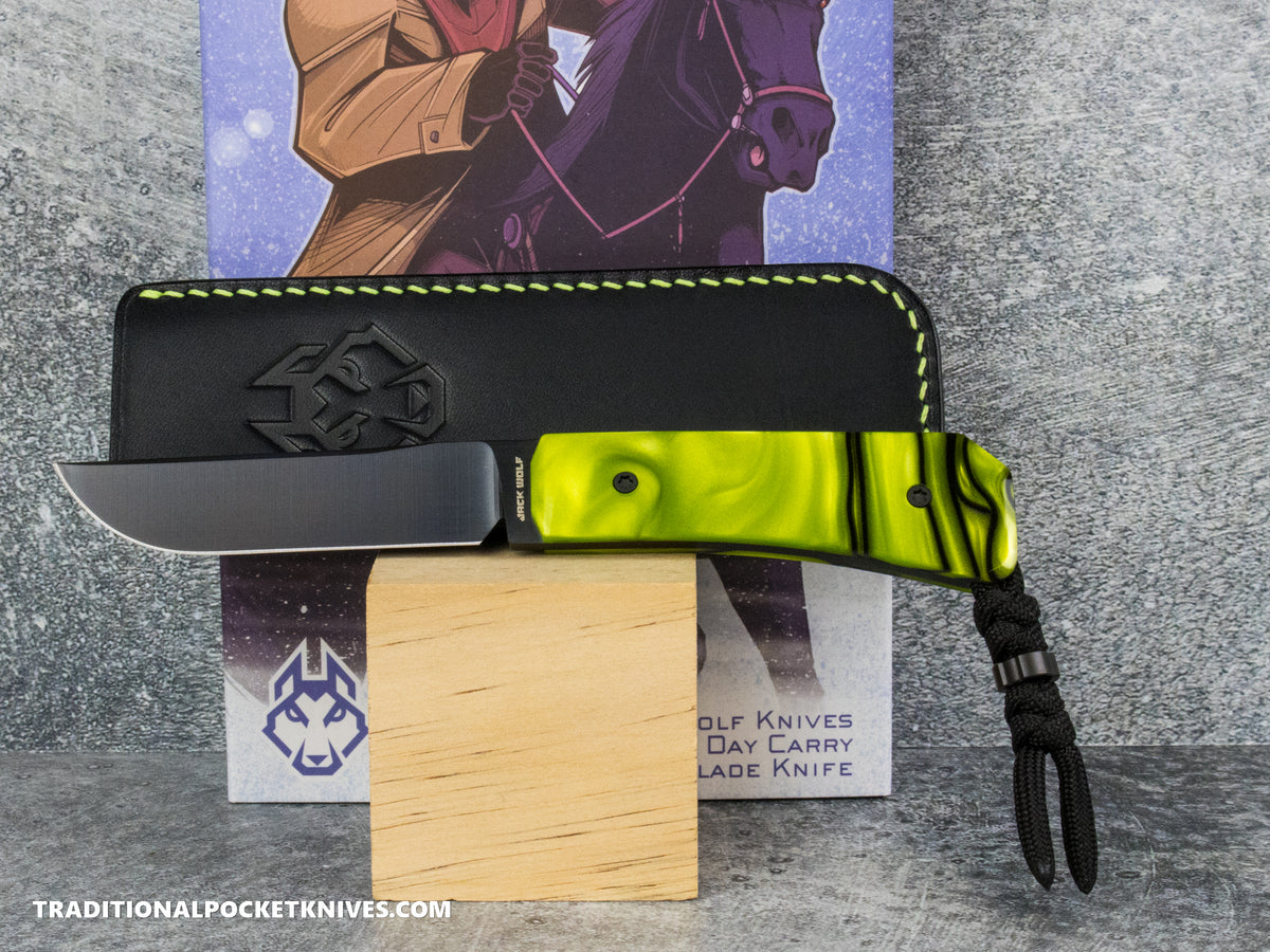 Jack Wolf Knives Pioneer FIXedc Kirinite Toxic Green Belt Satin DLC #14
