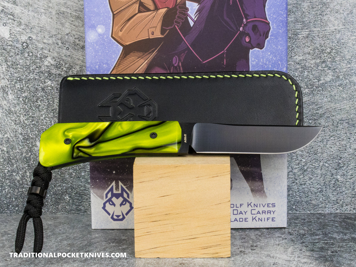 Jack Wolf Knives Pioneer FIXedc Kirinite Toxic Green Belt Satin DLC #14