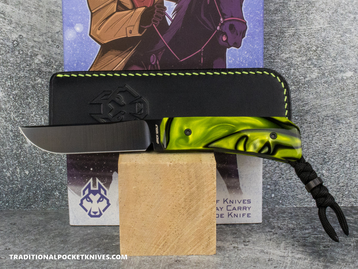 Jack Wolf Knives Pioneer FIXedc Kirinite Toxic Green Belt Satin DLC
