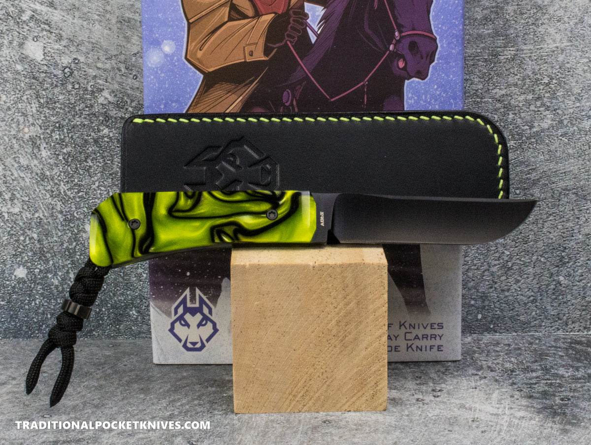 Jack Wolf Knives Pioneer FIXedc Kirinite Toxic Green Belt Satin DLC