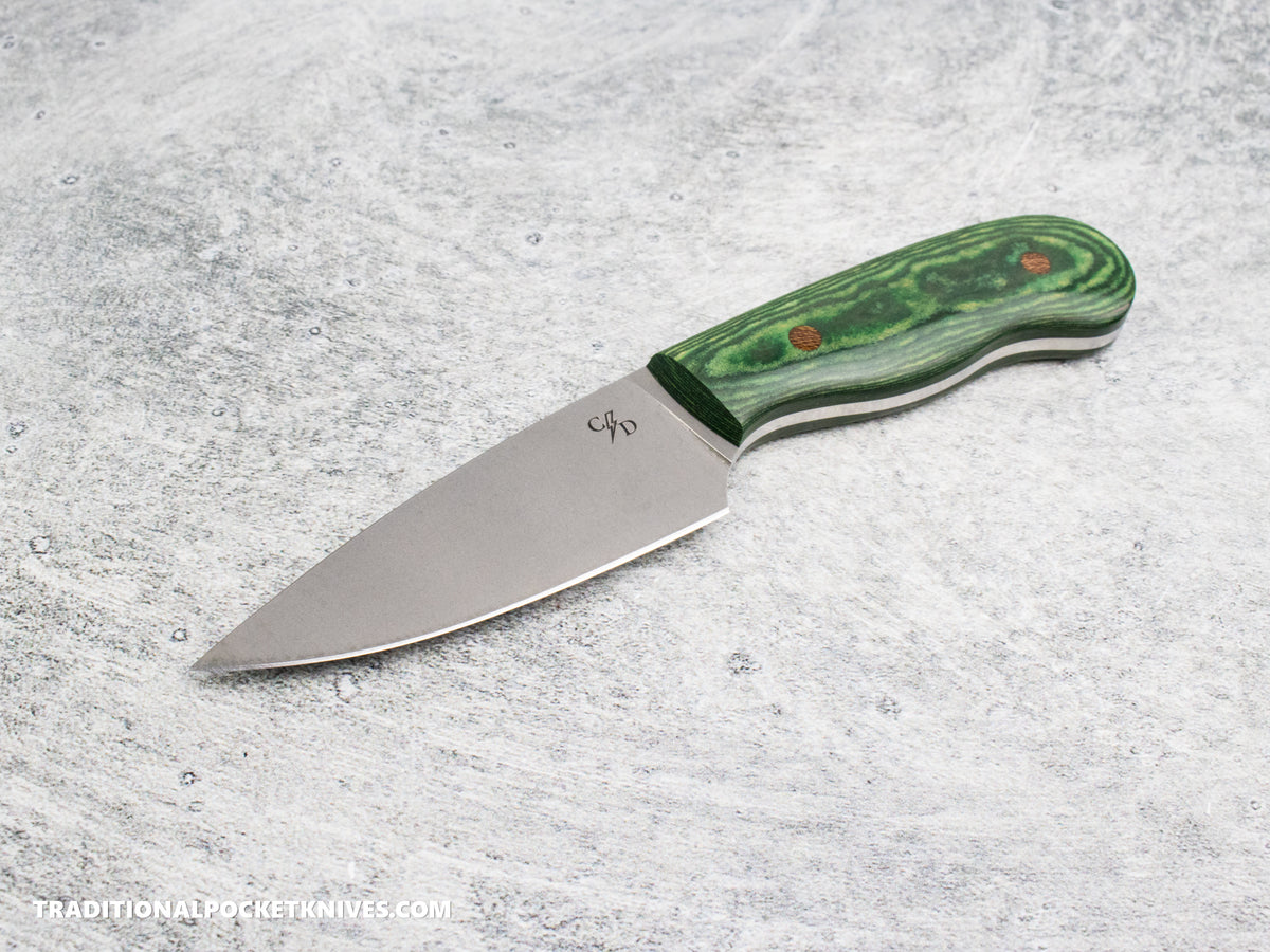 Corey Dunlap Custom Knives Drop Point Pocket EDC Knife Emerald Paper Micarta AEB-L Blast and Tumbled