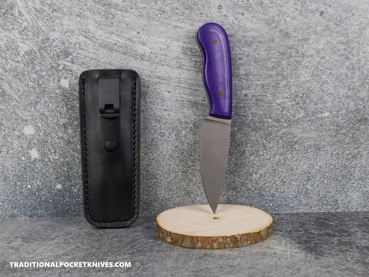 Corey Dunlap Custom Knives Drop Point Pocket EDC Knife Violet Linen Micarta AEB-L Blast and Tumbled