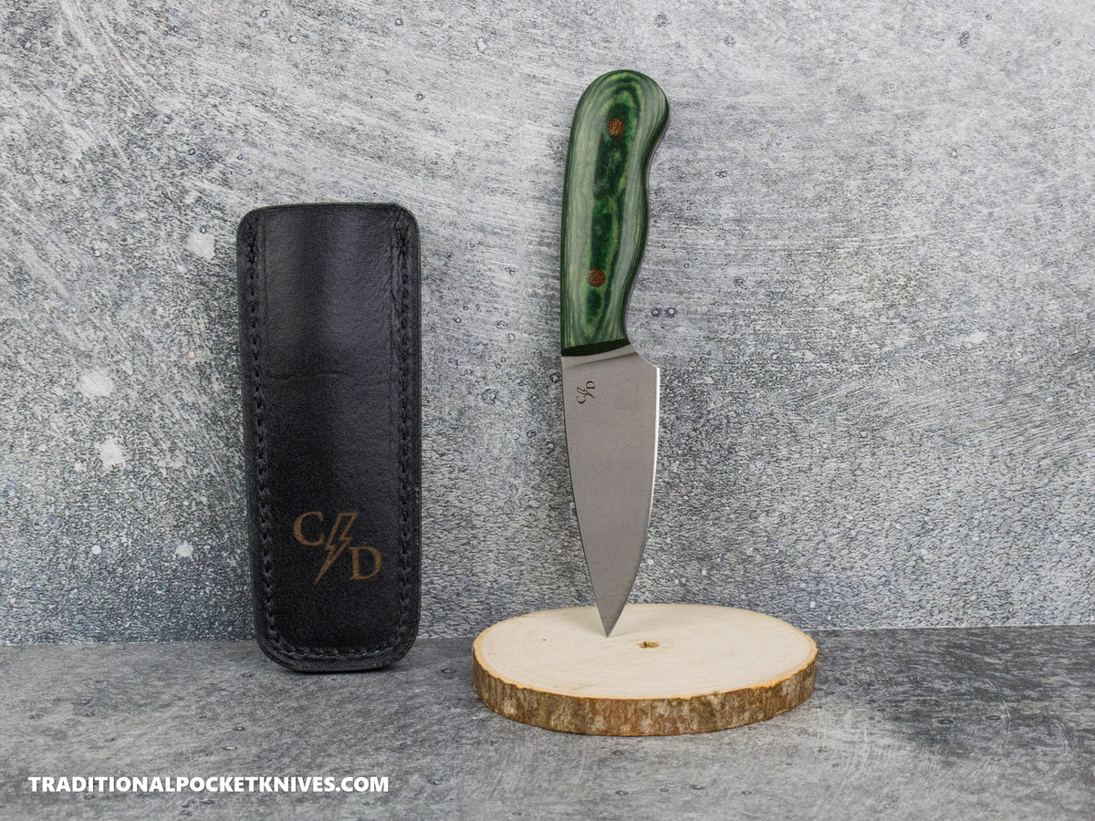 Corey Dunlap Custom Knives Drop Point Pocket EDC Knife Emerald Paper Micarta AEB-L Blast and Tumbled