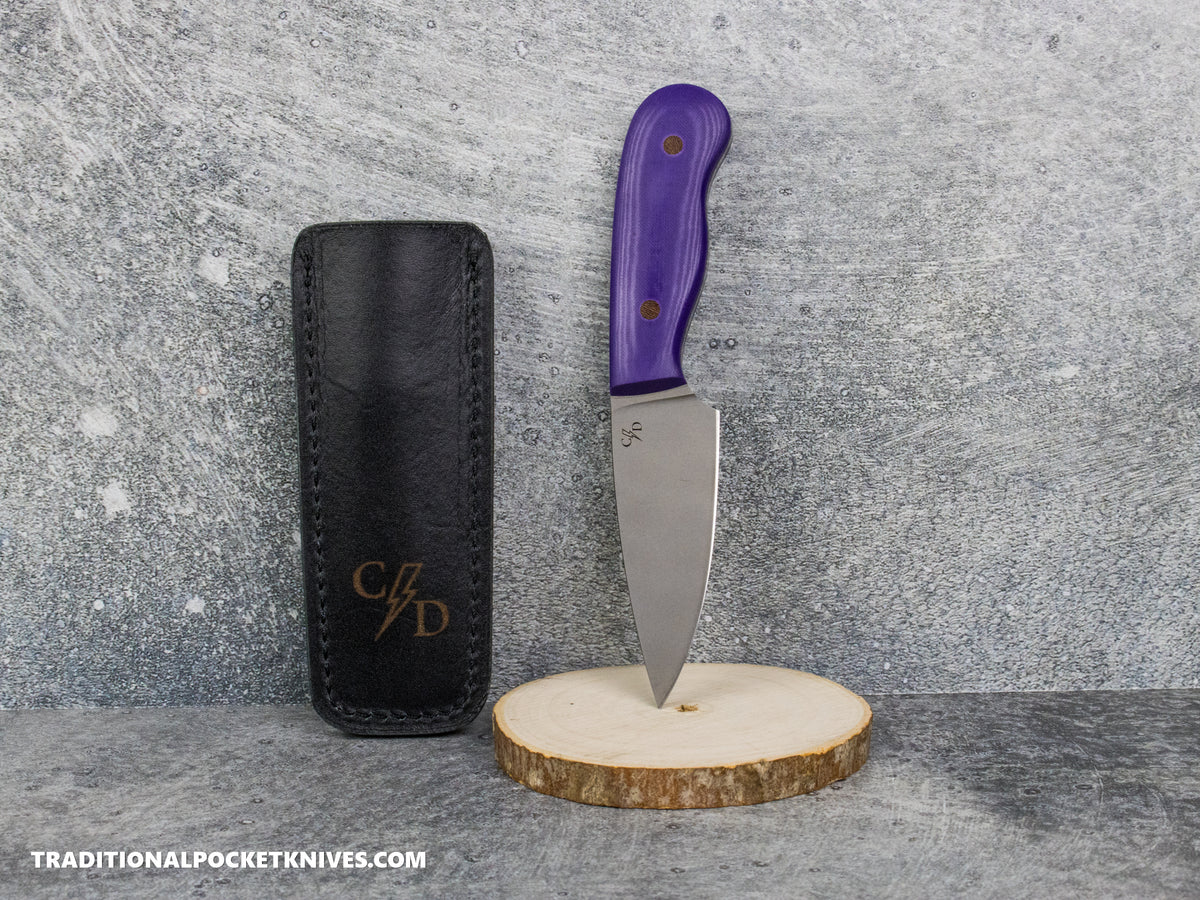 Corey Dunlap Custom Knives Drop Point Pocket EDC Knife Violet Linen Micarta AEB-L Blast and Tumbled