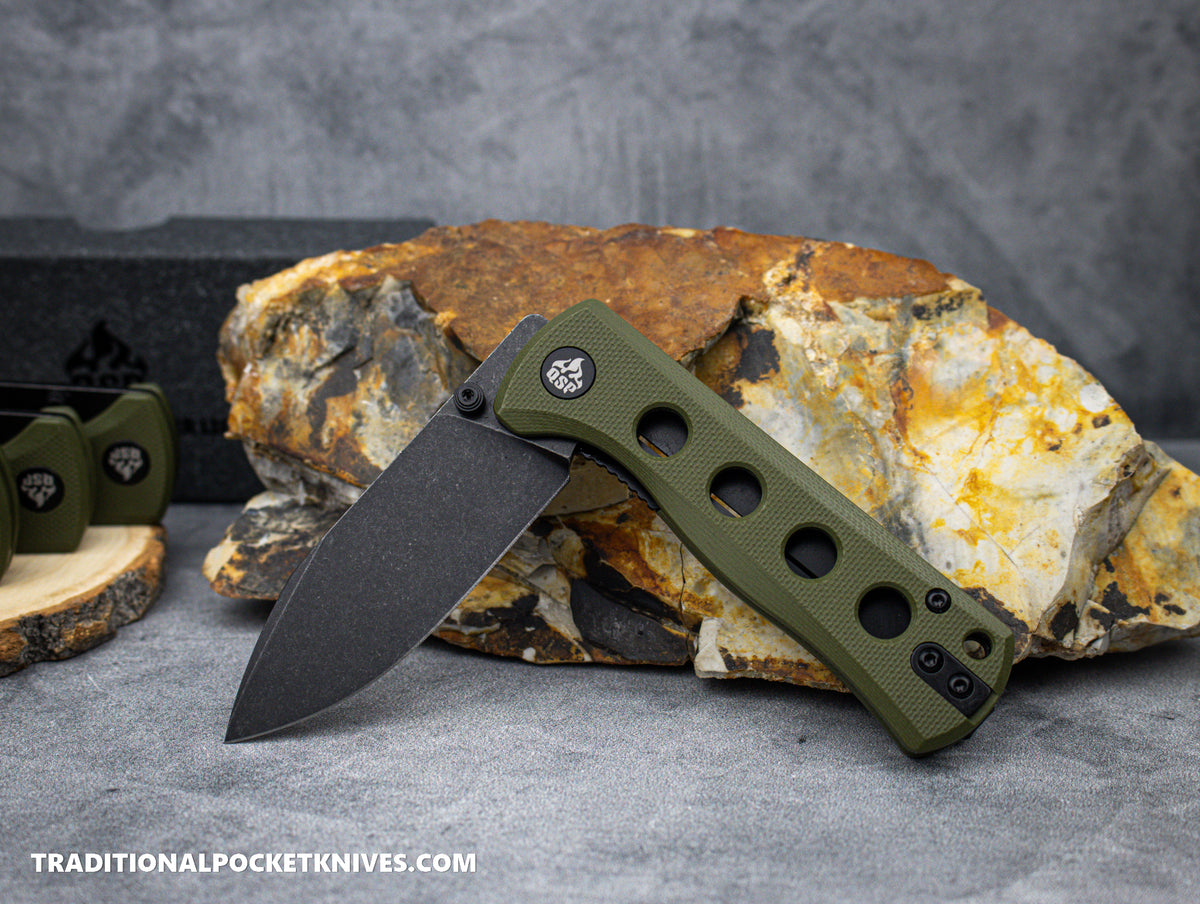 QSP Canary Folding Knife QS150-F2 Olive Green G10 Black Stonewashed 14C28N Steel