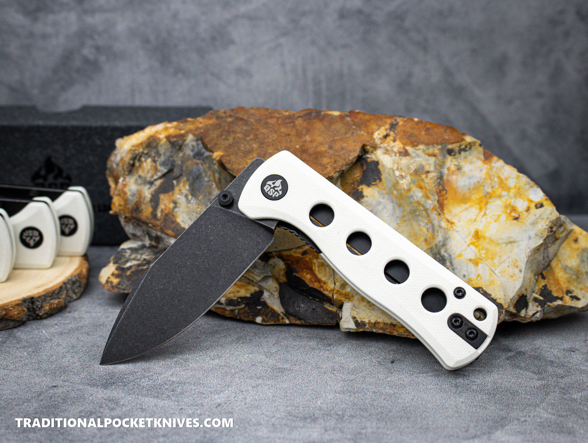 QSP Canary Folding Knife QS150-G2 White G10 Black Stonewashed 14C28N Steel