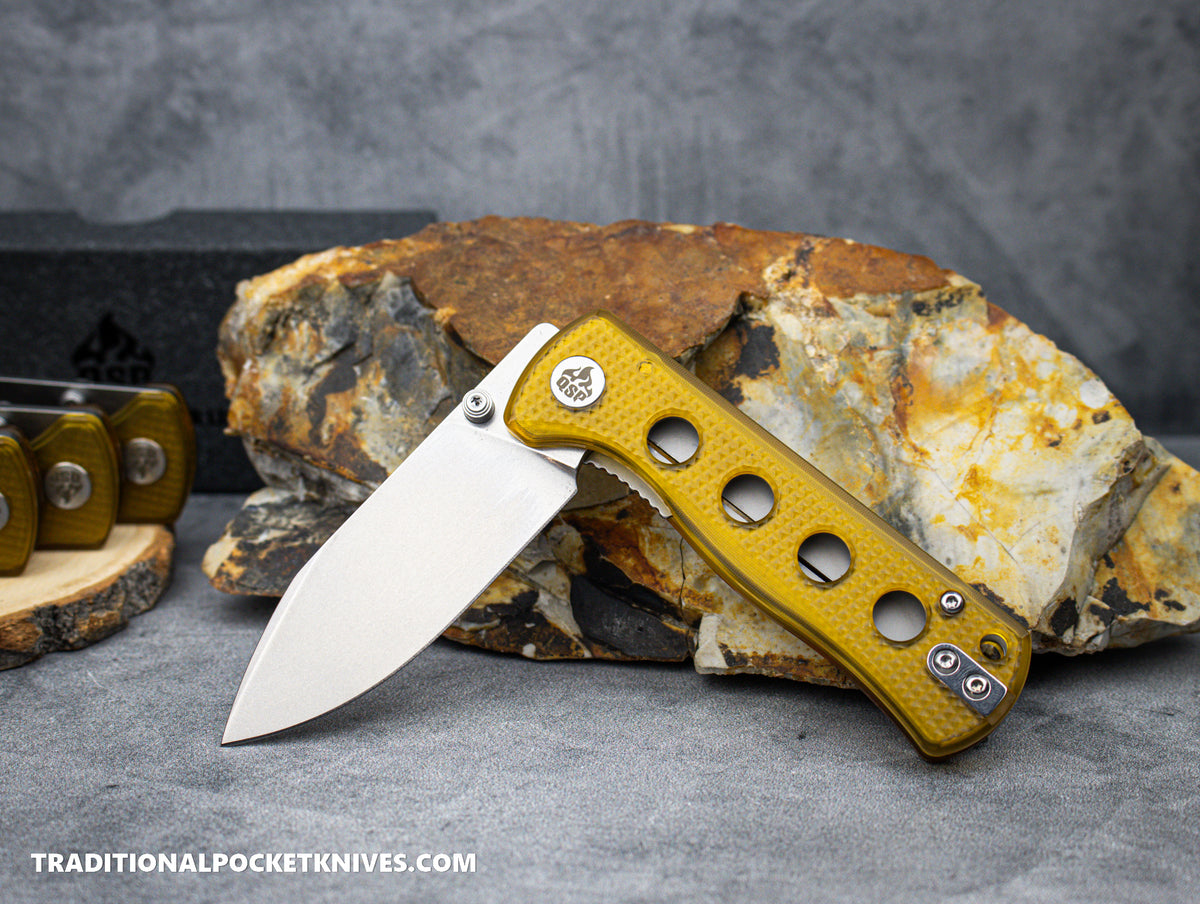 QSP Canary Folding Knife QS150-J1 Ultem Stonewashed 14C28N Steel
