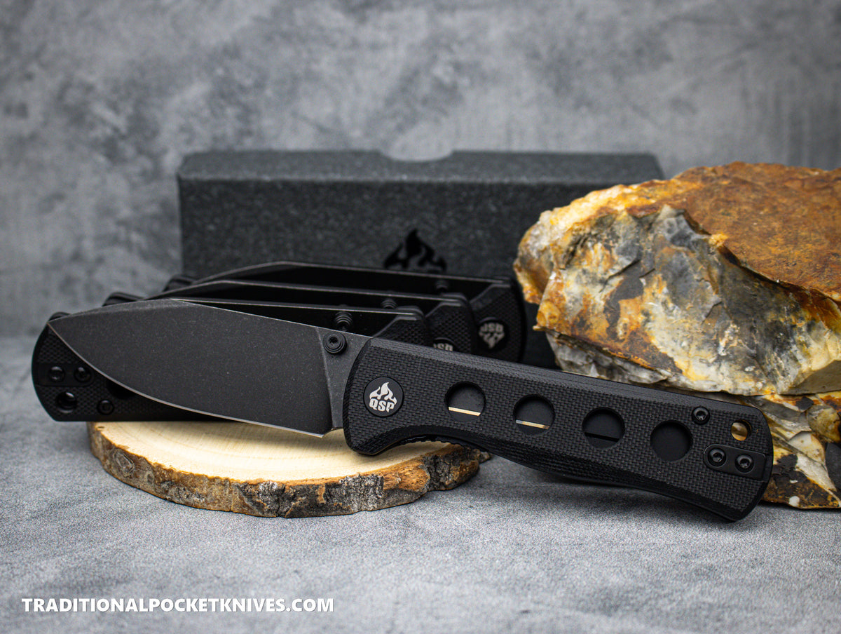 QSP Canary Folding Knife QS150-A2 Black G10 Black Stonewashed 14C28N Steel