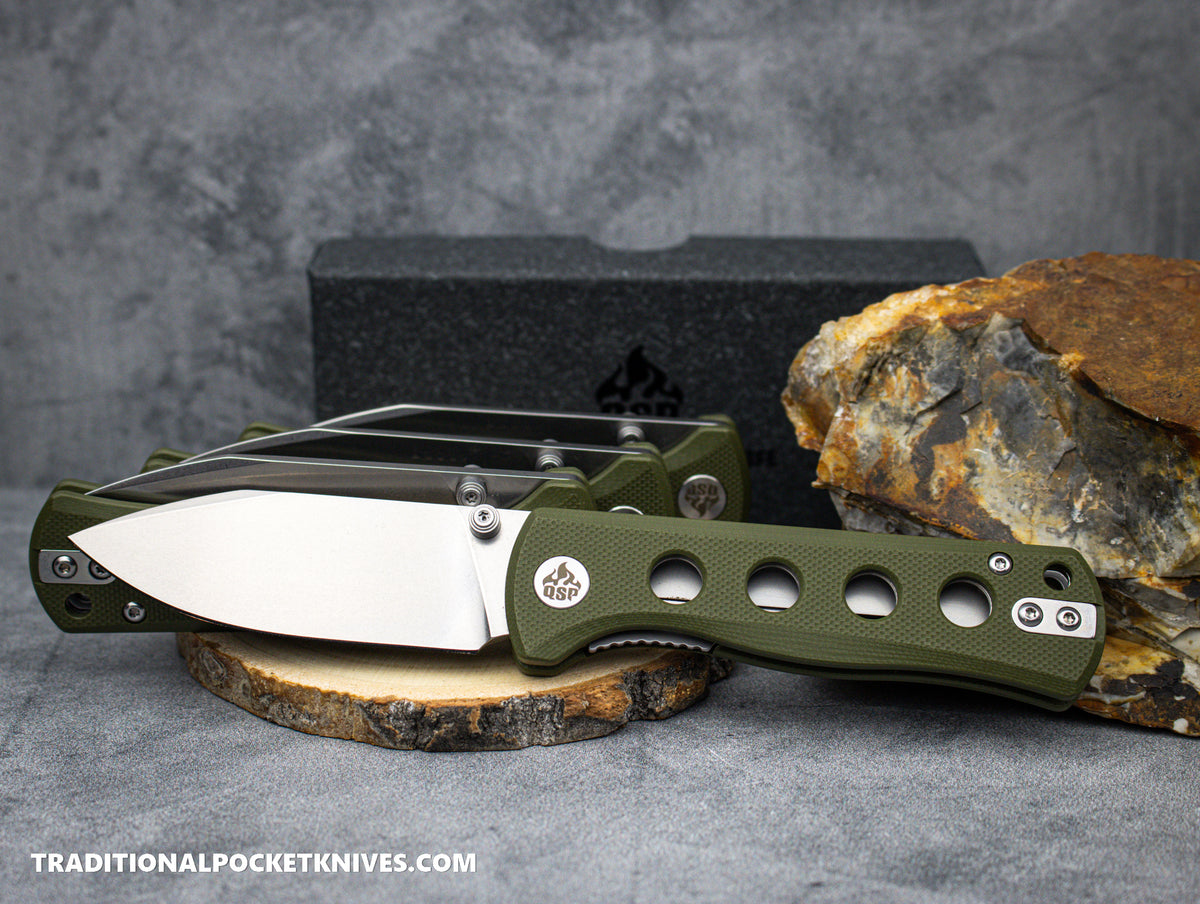 QSP Canary Folding Knife QS150-F1 Olive Green G10 Stonewashed 14C28N Steel
