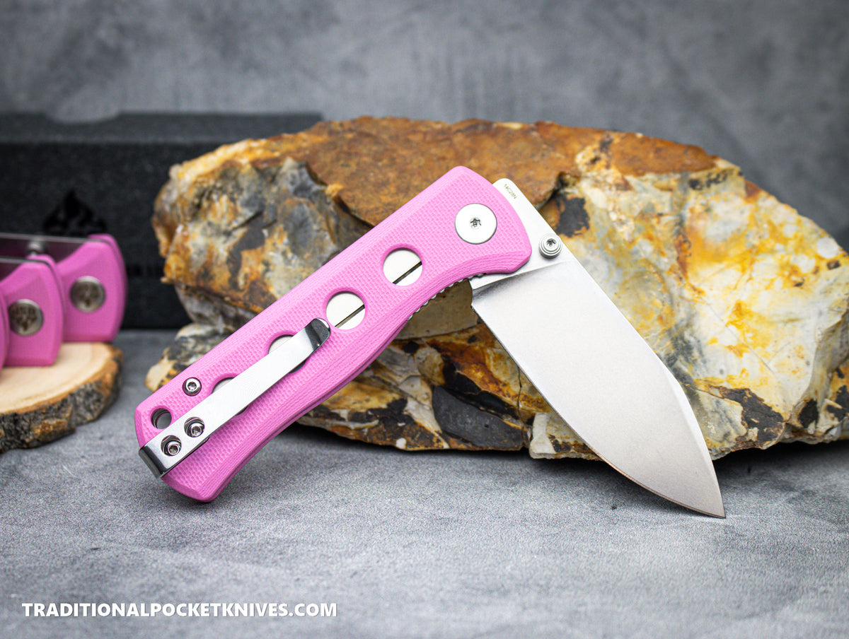 QSP Canary Folding Knife QS150-H1 Pink G10 Stonewashed 14C28N Steel