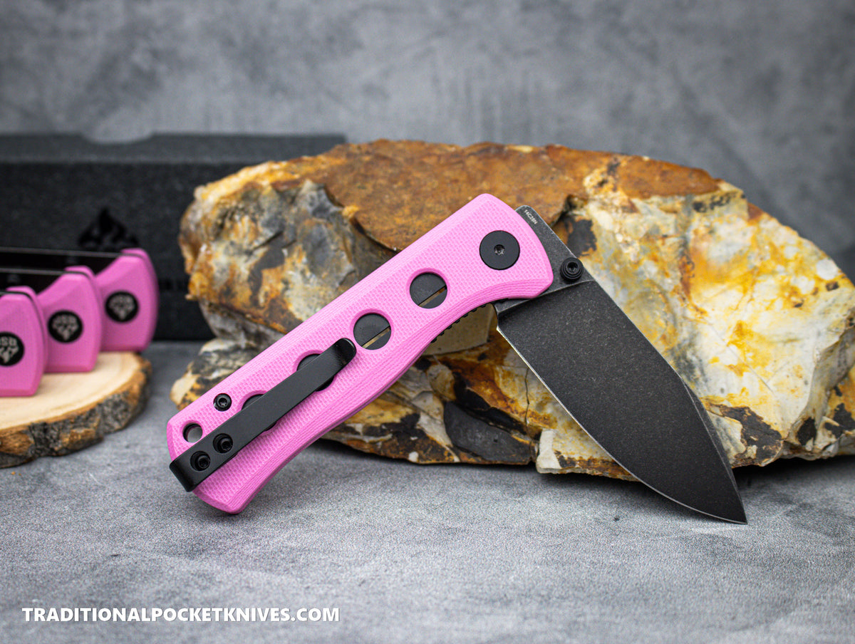 QSP Canary Folding Knife QS150-H2 Pink G10 Black Stonewashed 14C28N Steel