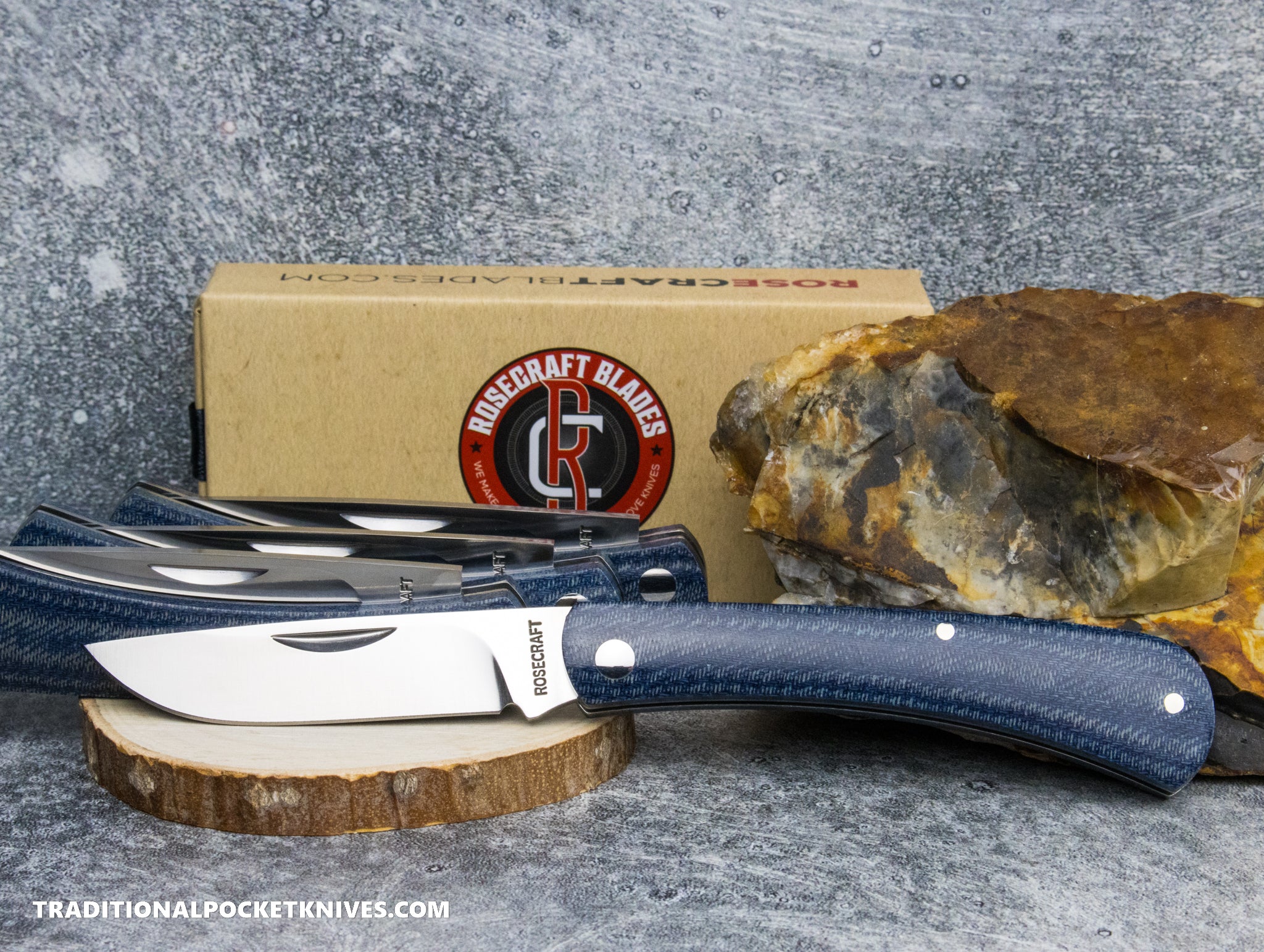 RoseCraft Blades Overall Creek Farm Hand Blue Denim Micarta