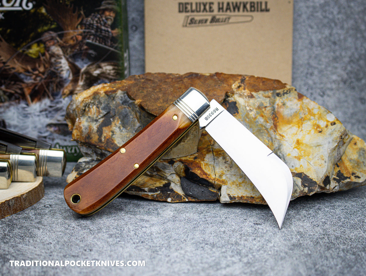 Great Eastern Cutlery #R693SB Remington Silver Bullet Deluxe Hawkbill Brown Sawcut Bone