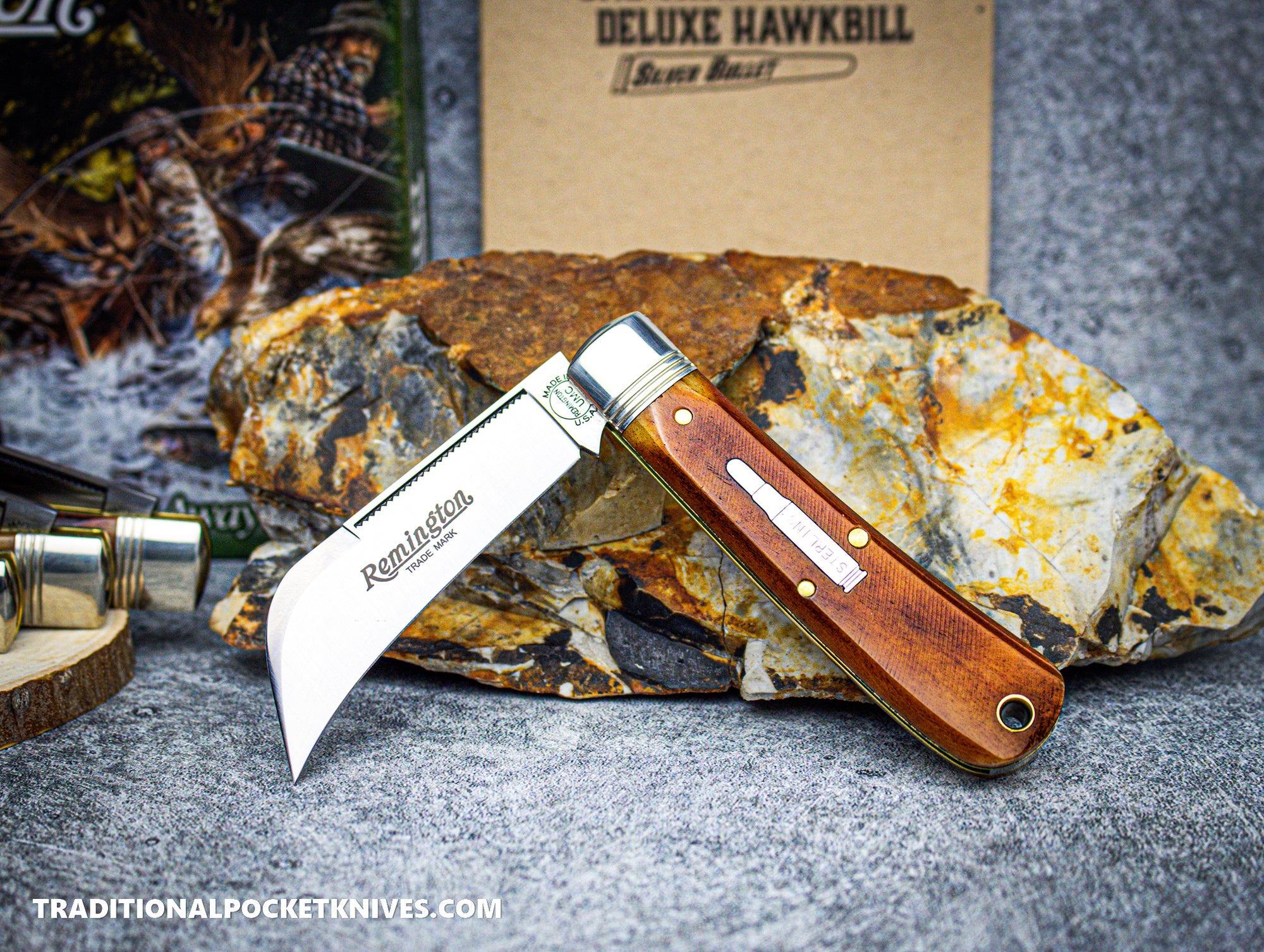 Great Eastern Cutlery #R693SB Remington Silver Bullet Deluxe Hawkbill Brown Sawcut Bone