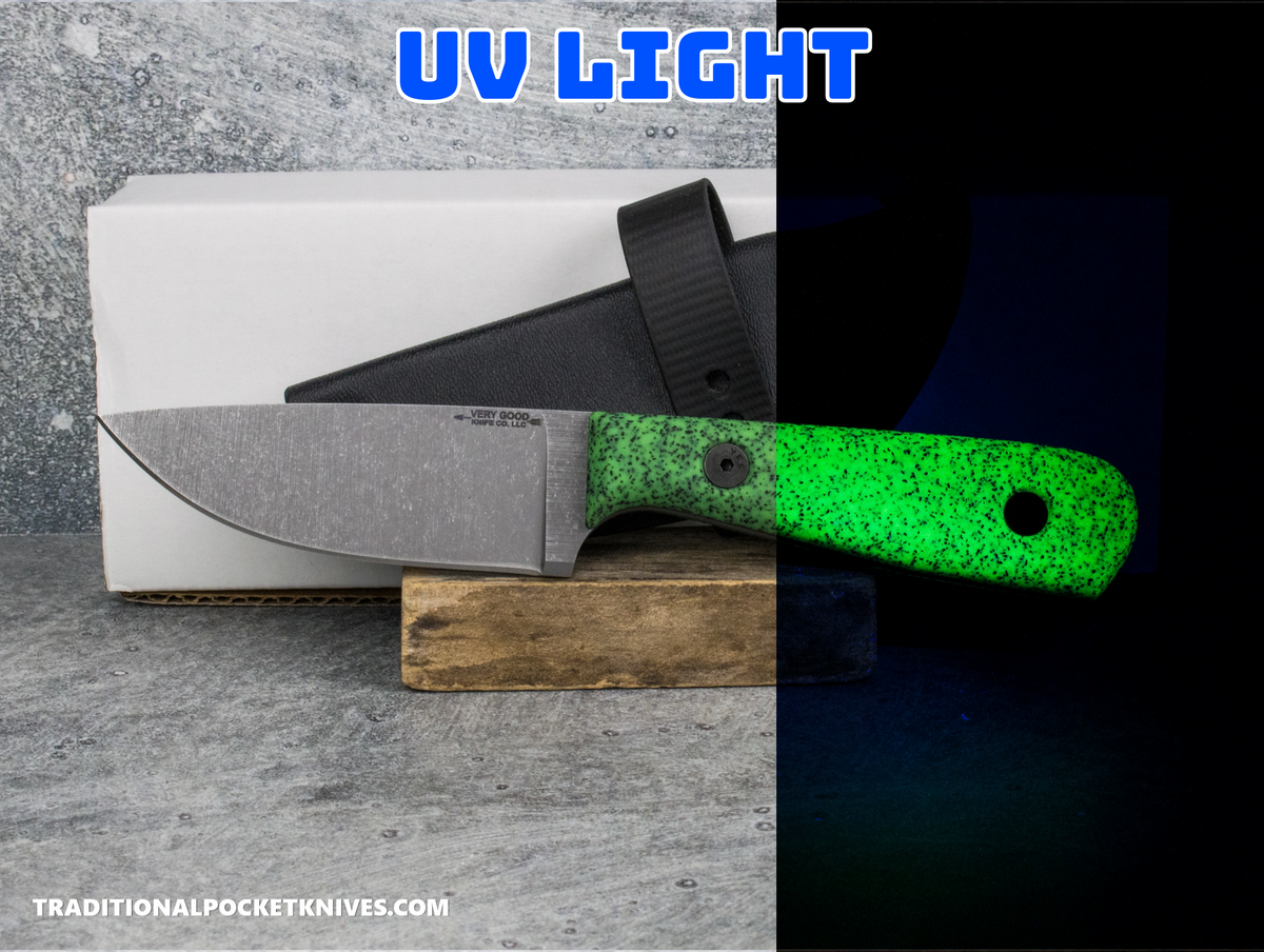 Very Good Knife Co. Adventure - GripX Green Glow Stonewashed AEB-L Kydex Sheath