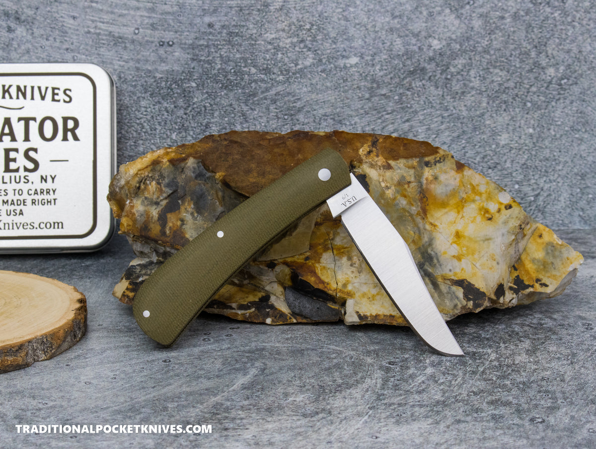Rothman Knives Gentlemen's Trapper Green Canvas Micarta Clippoint - Fabricator Series