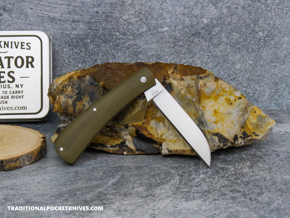 Rothman Knives Gentlemen's Trapper Green Canvas Micarta Wharncliffe - Fabricator Series
