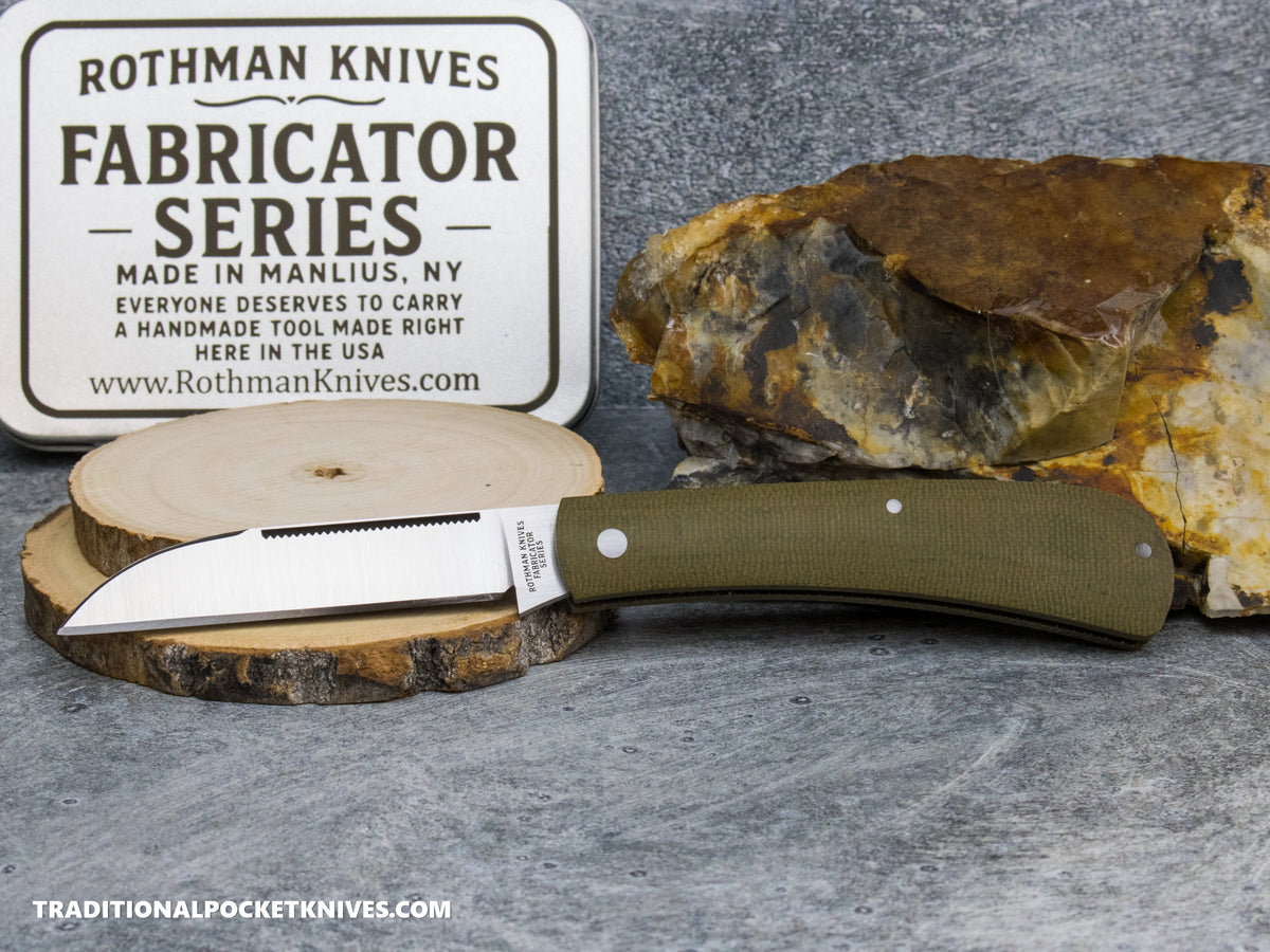 Rothman Knives Gentlemen's Trapper Green Canvas Micarta Wharncliffe - Fabricator Series