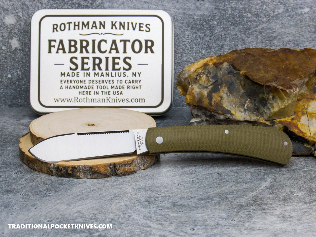 Rothman Knives Gentlemen's Trapper Green Canvas Micarta Spearpoint - Fabricator Series