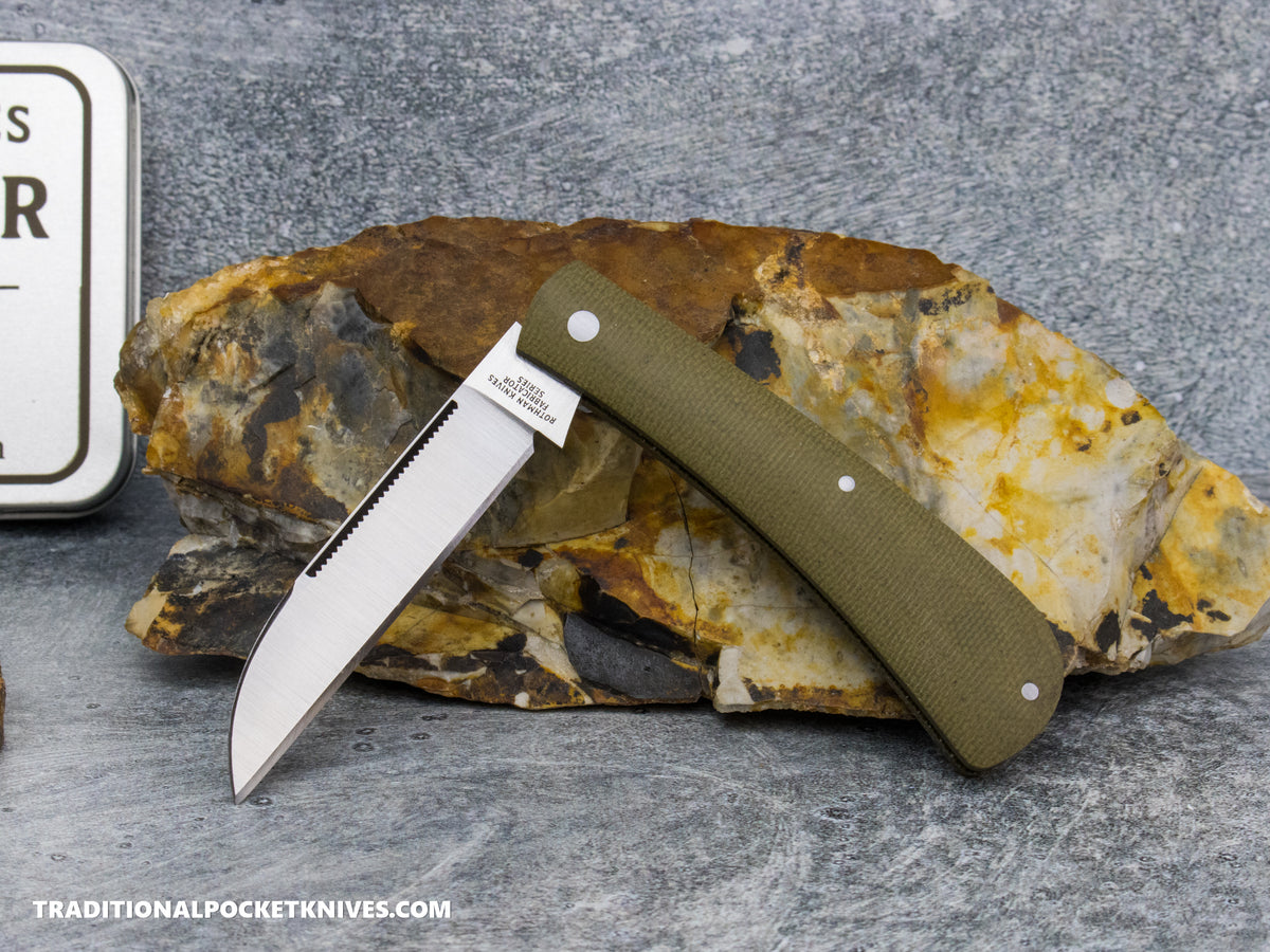 Rothman Knives Gentlemen's Trapper Green Canvas Micarta Wharncliffe - Fabricator Series