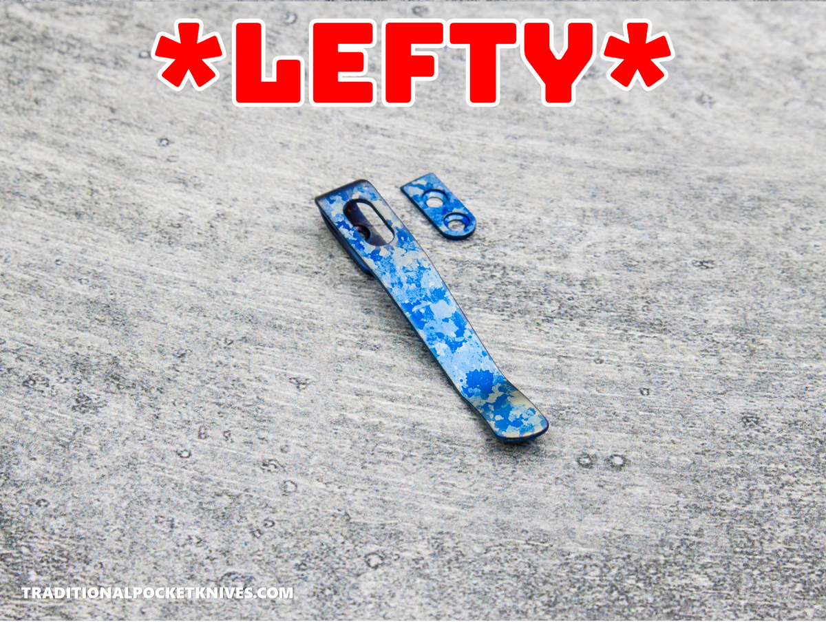 LIMITED RUN: Lynch Northwest Exclusive: QSP Penguin Glyde Lock Left Handed Titanium Clip - Blue Crystalized Titanium