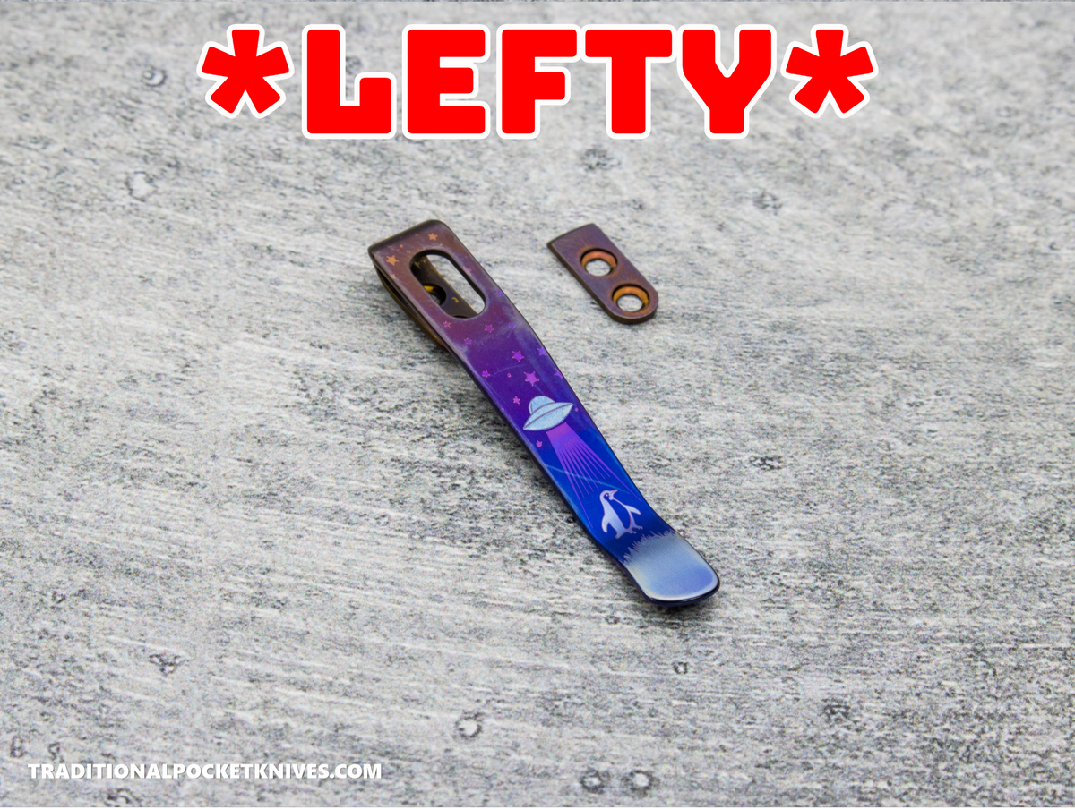 LIMITED RUN: Lynch Northwest Exclusive: QSP Penguin Glyde Lock Left Handed Titanium Clip - "Where's the Penguin?"