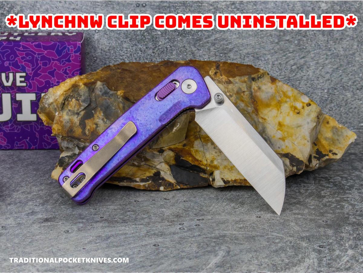 QSP Exclusive Penguin Glyde Lock Knife Purple Crystalized Titanium 154CM + Lynch Northwest Exclusive Stonewashed Titanium Clip