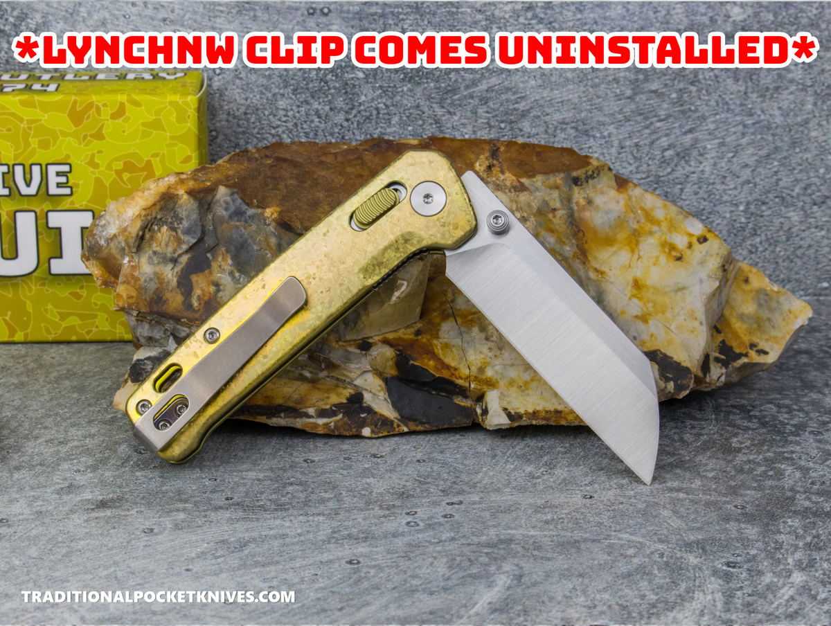 QSP Exclusive Penguin Glyde Lock Knife Gold Crystalized Titanium 154CM + Lynch Northwest Exclusive Stonewashed Titanium Clip