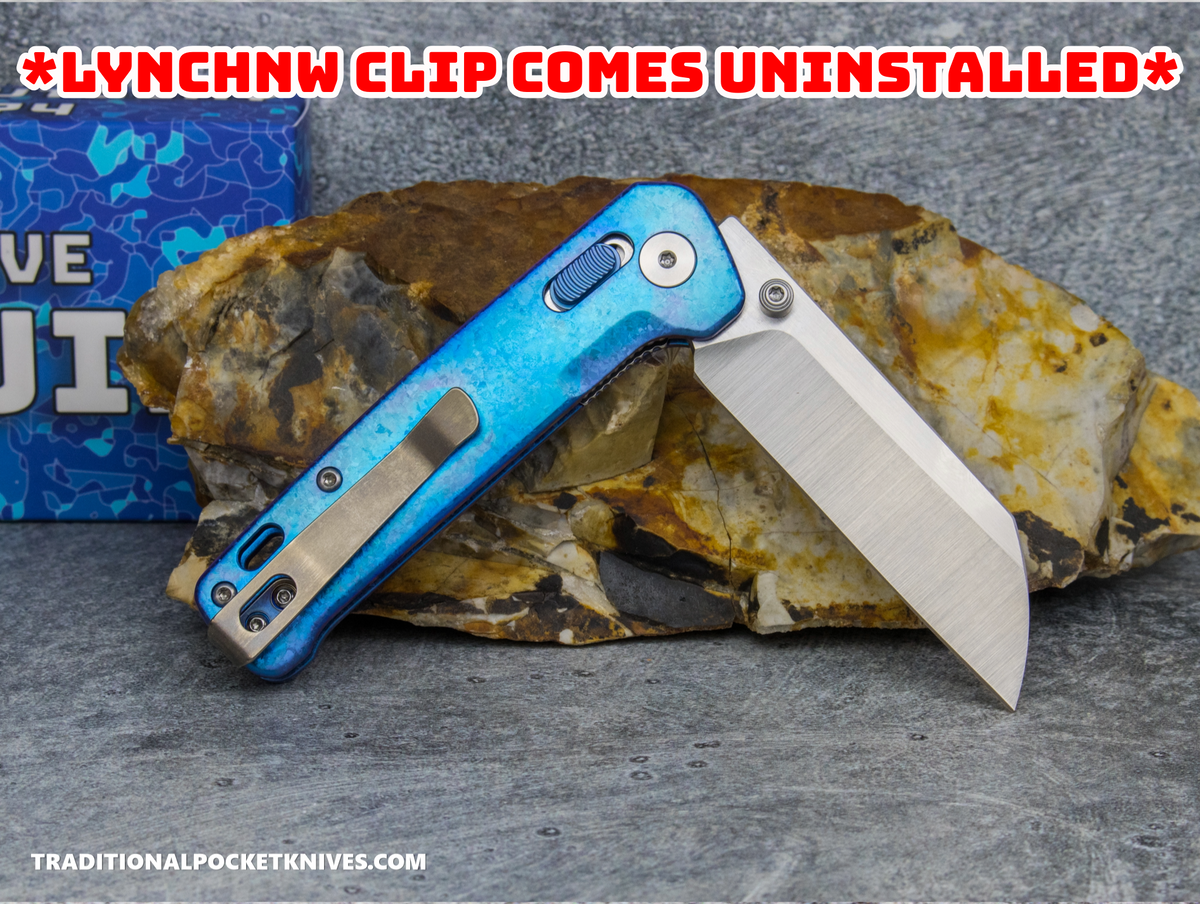 QSP Exclusive Penguin Glyde Lock Knife Blue Crystalized Titanium 154CM + Lynch Northwest Exclusive Stonewashed Titanium Clip