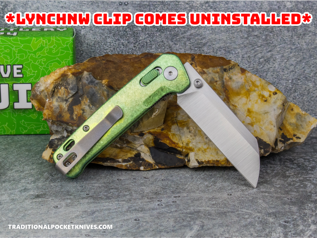 QSP Exclusive Penguin Glyde Lock Knife Green Crystalized Titanium 154CM + Lynch Northwest Exclusive Stonewashed Titanium Clip