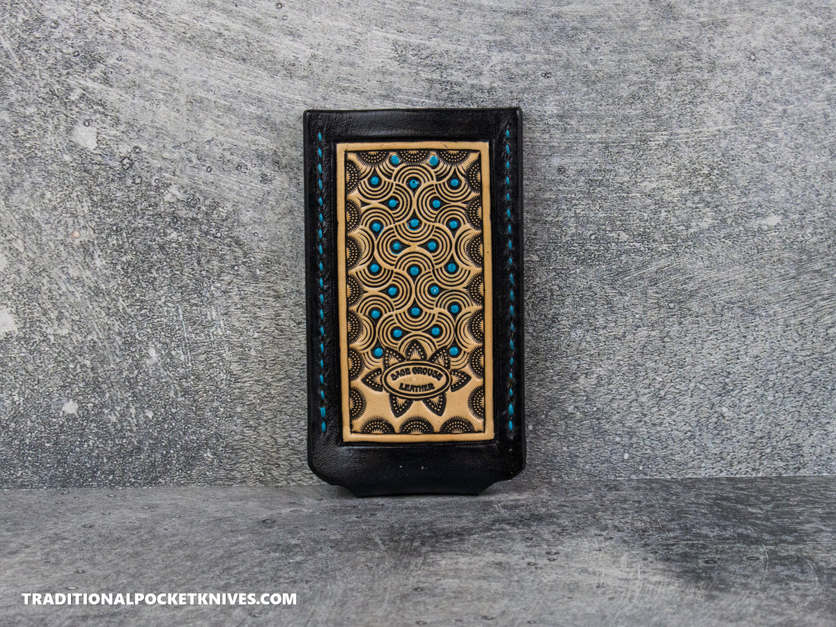 Sage Grouse Leather: Leather Knife Slip Medium "Black / Natural, Turquoise Swirled Dots"