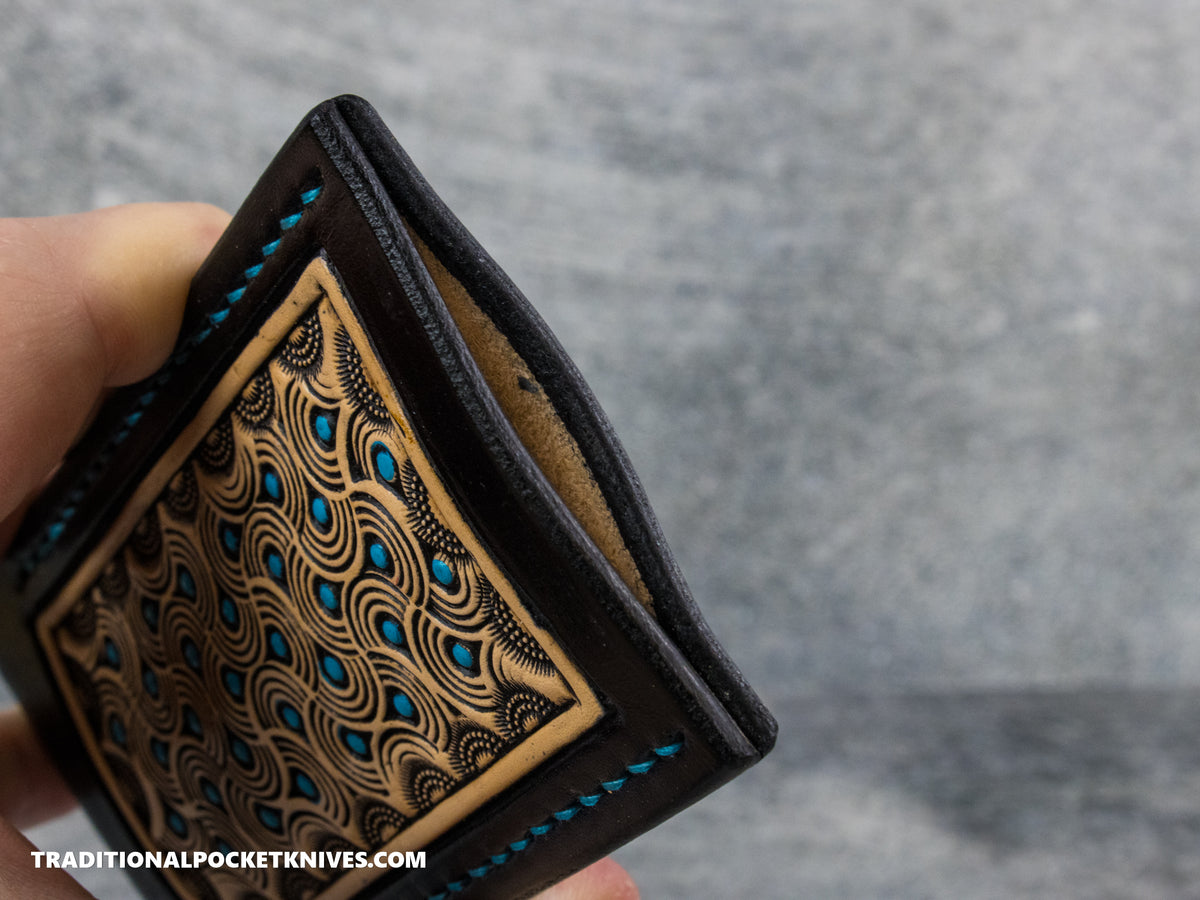 Sage Grouse Leather: Leather Knife Slip Medium "Black / Natural, Turquoise Swirled Dots"