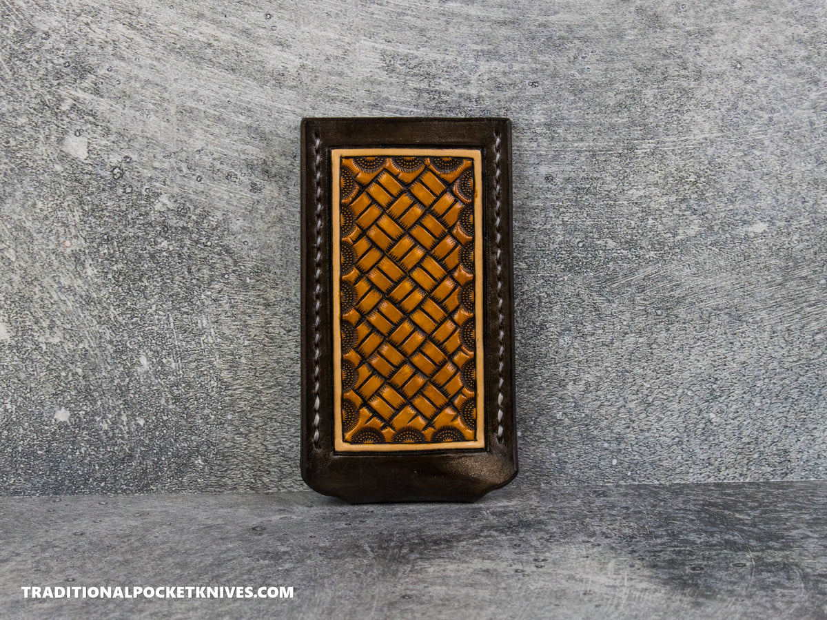 Sage Grouse Leather: Leather Knife Slip Medium "Chocolate / Rust, Block Basket"