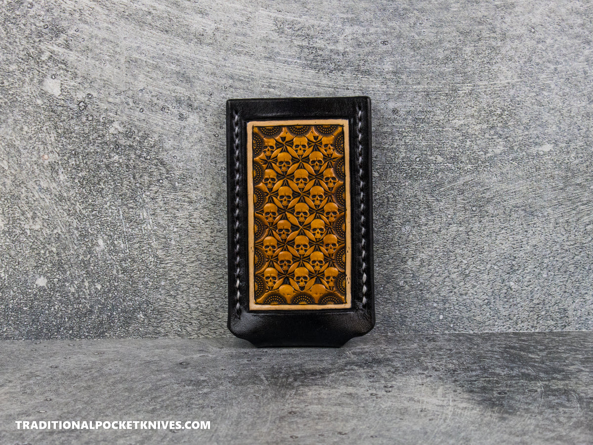 Sage Grouse Leather: Leather Knife Slip Small "Black / Rust, Skulls"