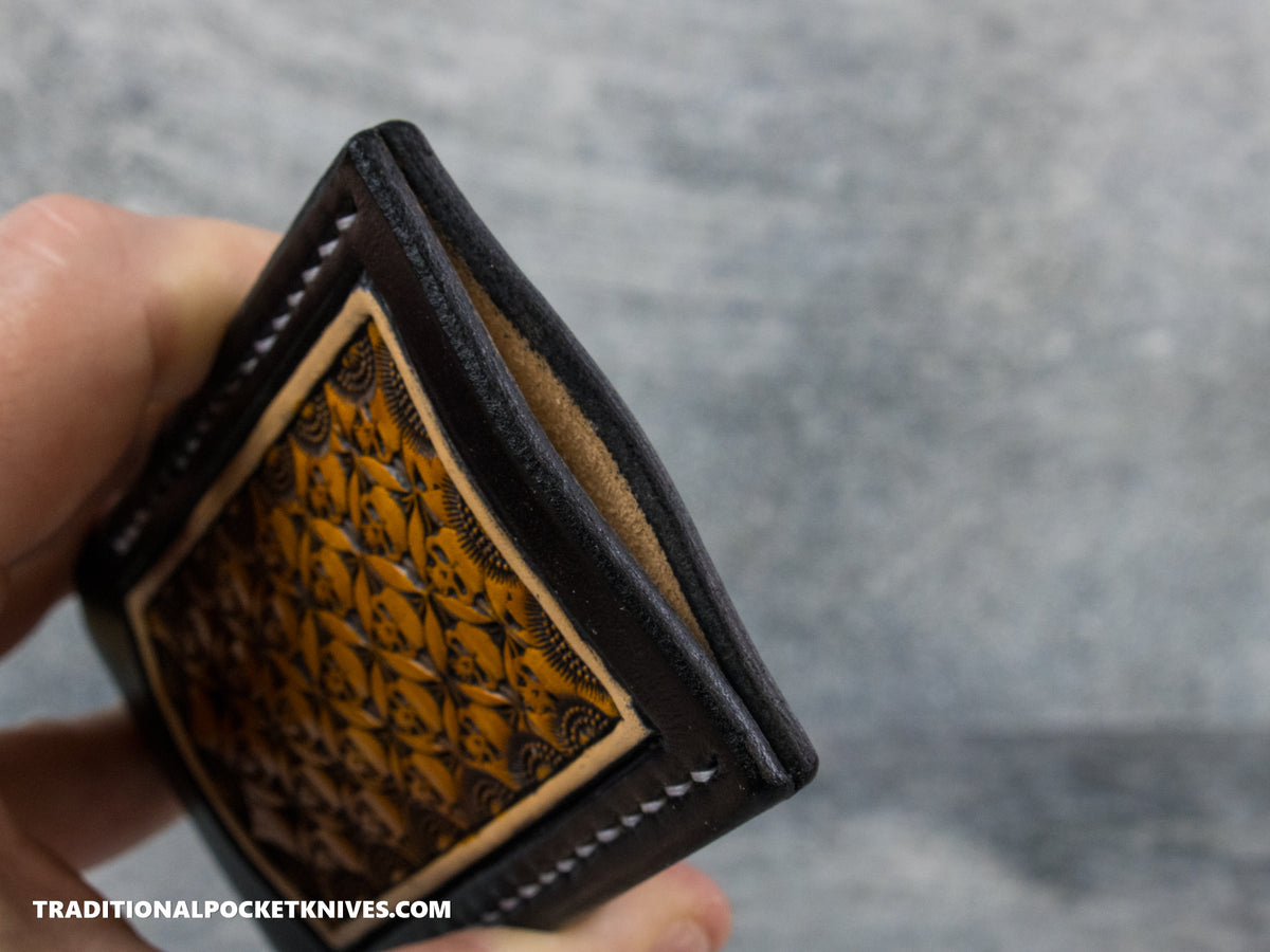 Sage Grouse Leather: Leather Knife Slip Small "Black / Rust, Skulls"