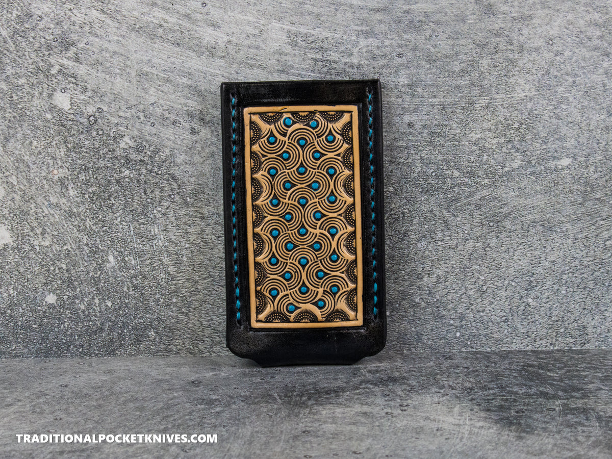 Sage Grouse Leather: Leather Knife Slip Medium "Black / Natural, Turquoise Swirled Dots"