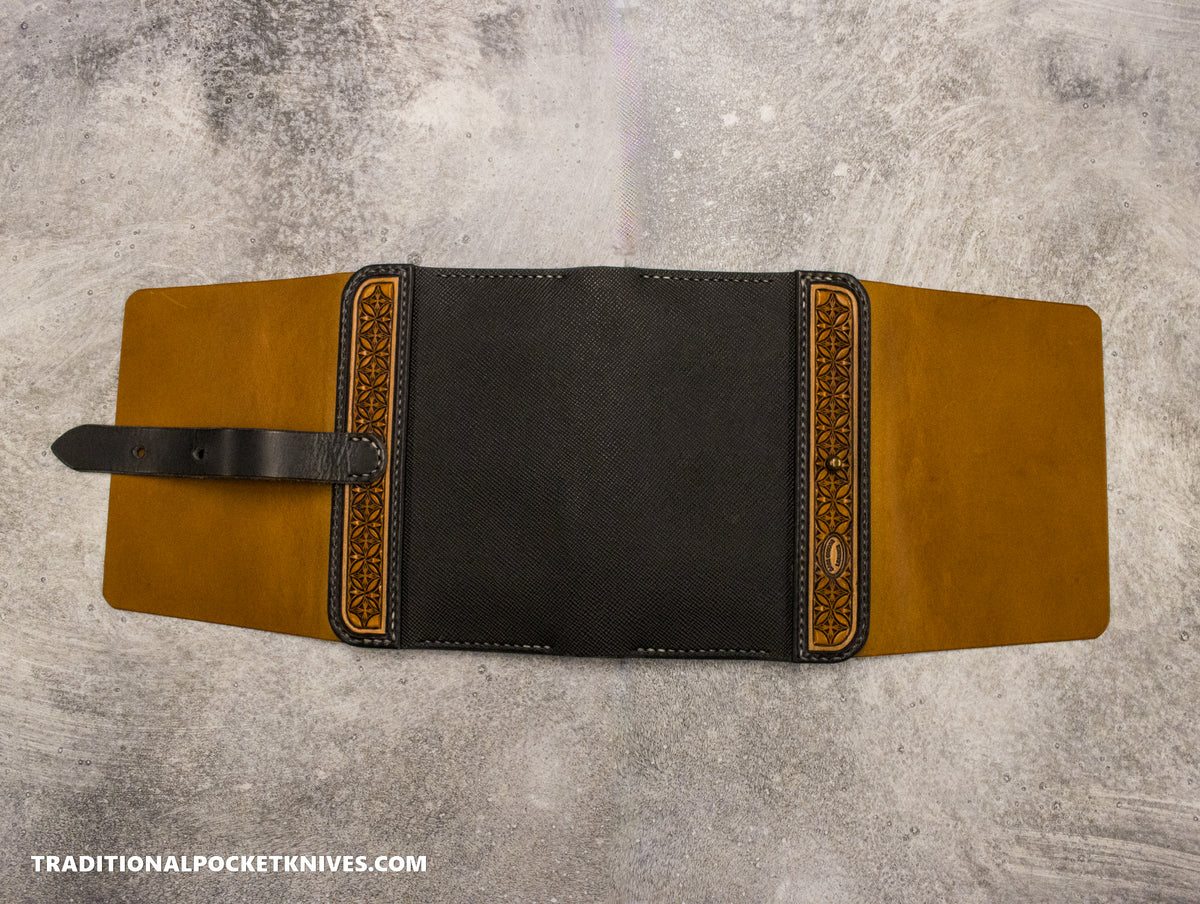 Sage Grouse Leather Cutler&#39;s Folio &quot;Burst Box Stamp Black Hatch Buttero/Whiskey Buttero&quot;