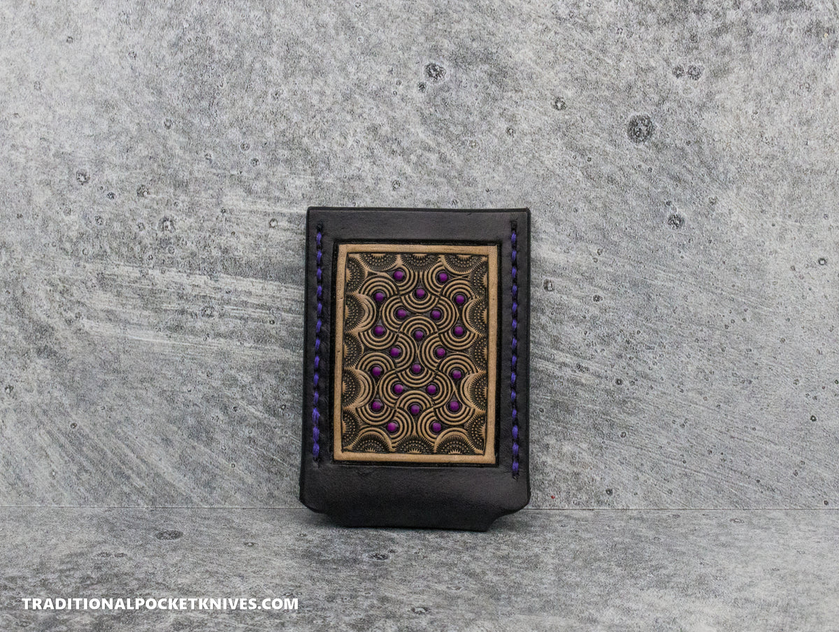Divo Knives Exclusive Nip Slip Sage Grouse Leather Knife Slip &quot;Purple Swirled Dots Black/Natural&quot;