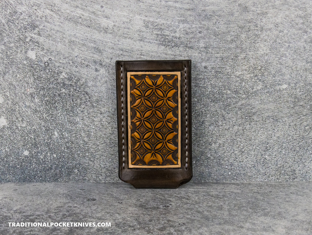 Sage Grouse Leather: Leather Knife Slip Small &quot;Wagon Wheels Chocolate/Rust&quot;