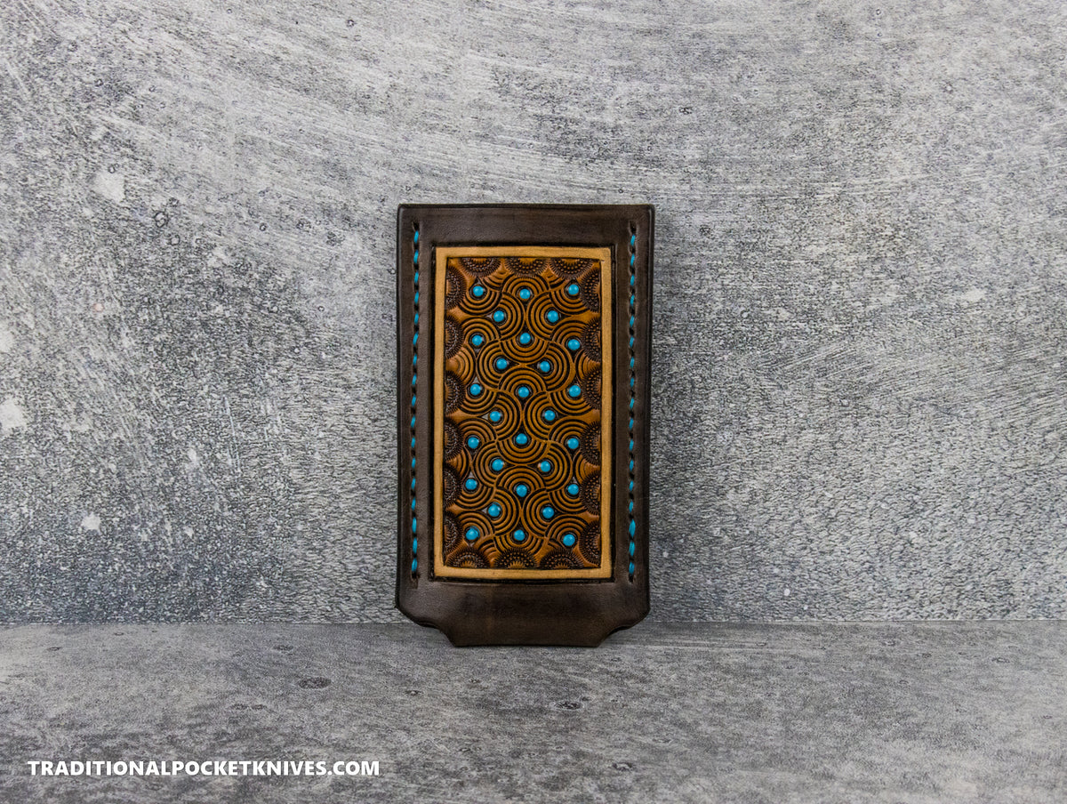 Sage Grouse Leather: Leather Knife Slip Small &quot;Turquoise Dots Chocolate/Rust&quot;