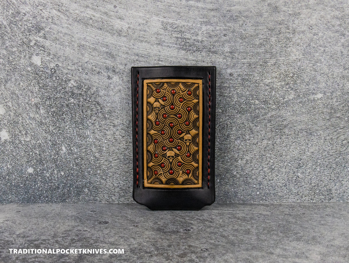Sage Grouse Leather: Leather Knife Slip Small &quot;Red Dots and Skulls Black/Natural&quot;