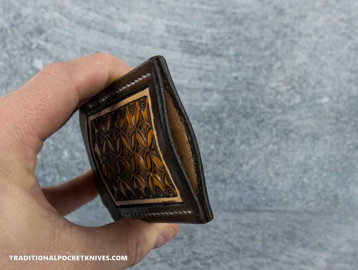 Sage Grouse Leather: Leather Knife Slip Small &quot;Wagon Wheels Chocolate/Rust&quot;