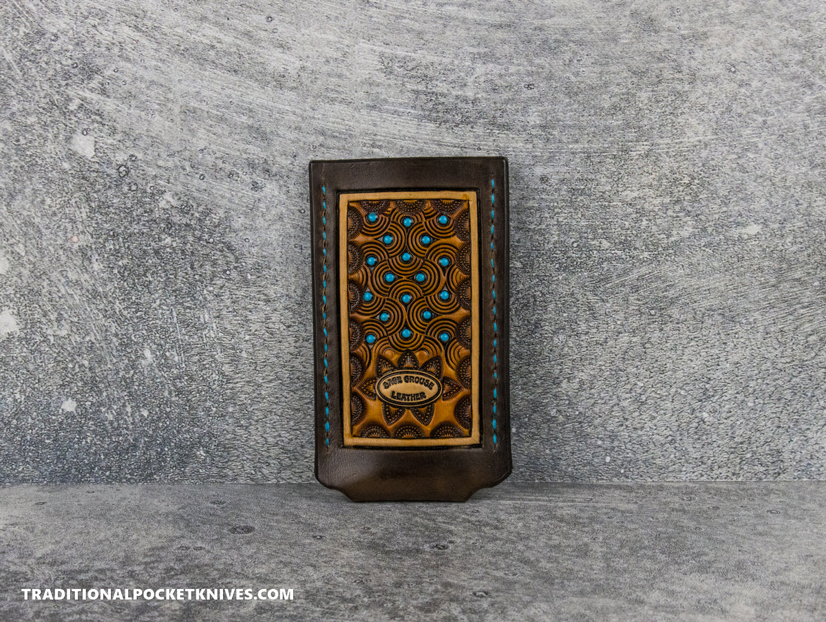 Sage Grouse Leather: Leather Knife Slip Small &quot;Turquoise Dots Chocolate/Rust&quot;