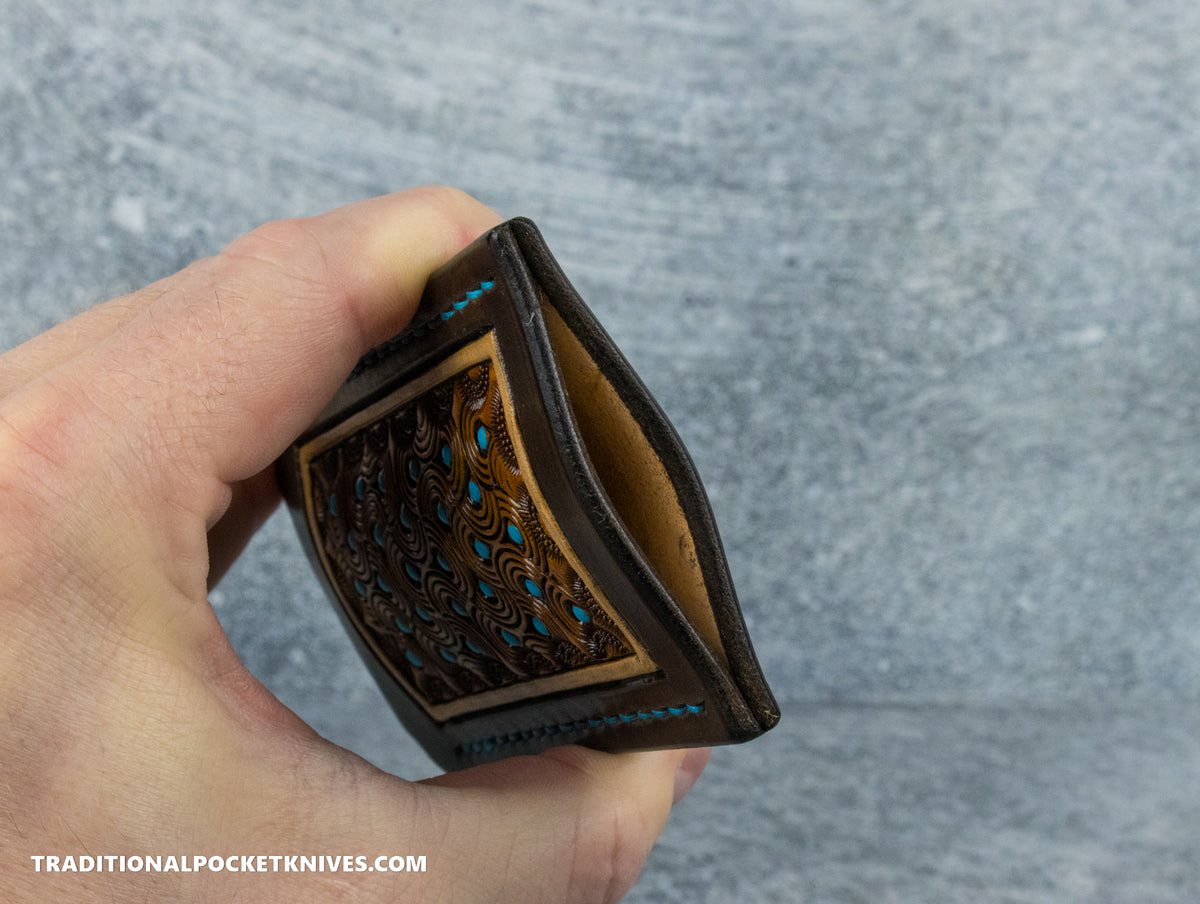 Sage Grouse Leather: Leather Knife Slip Small &quot;Turquoise Dots Chocolate/Rust&quot;