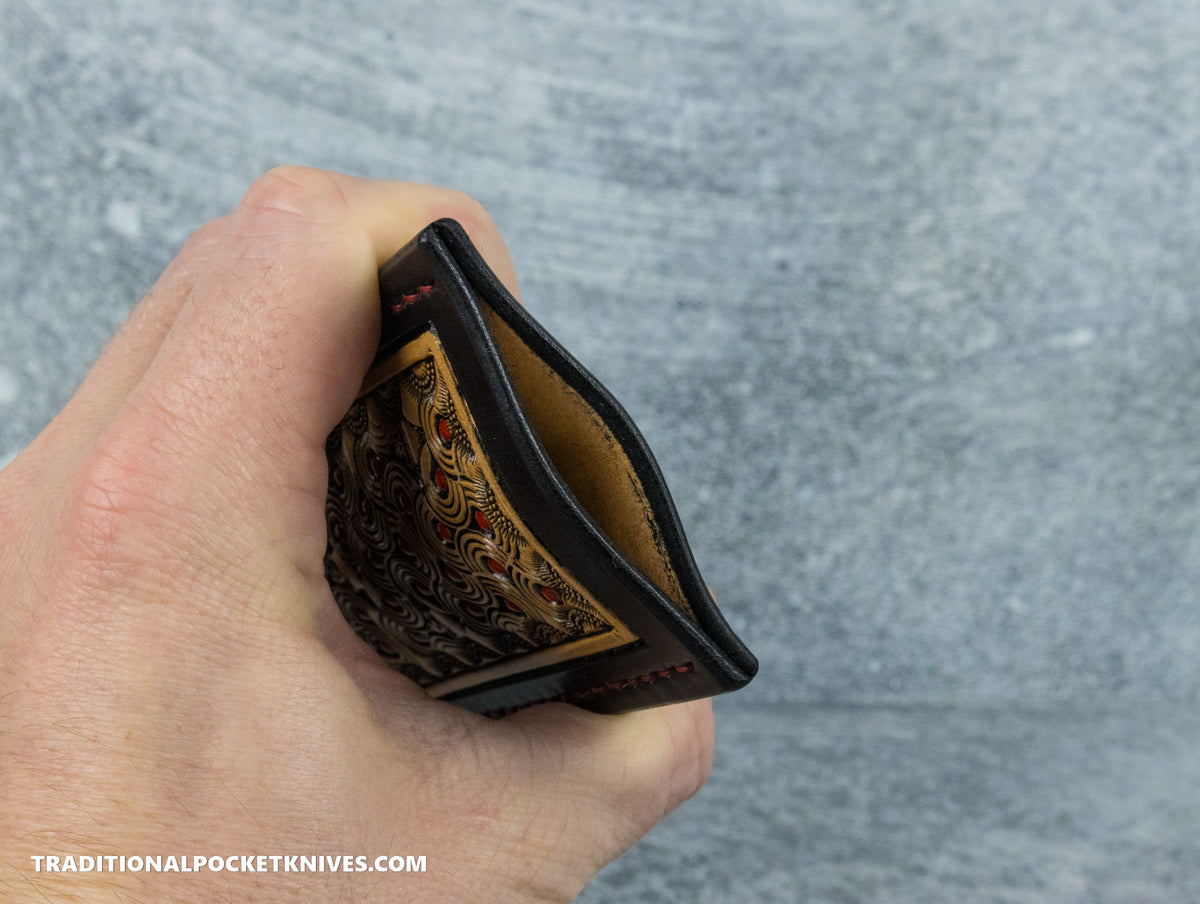 Sage Grouse Leather: Leather Knife Slip Small &quot;Red Dots and Skulls Black/Natural&quot;